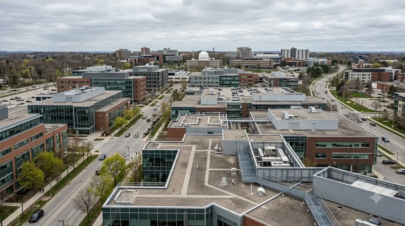 Representative commercial roofscape view for Waterloo