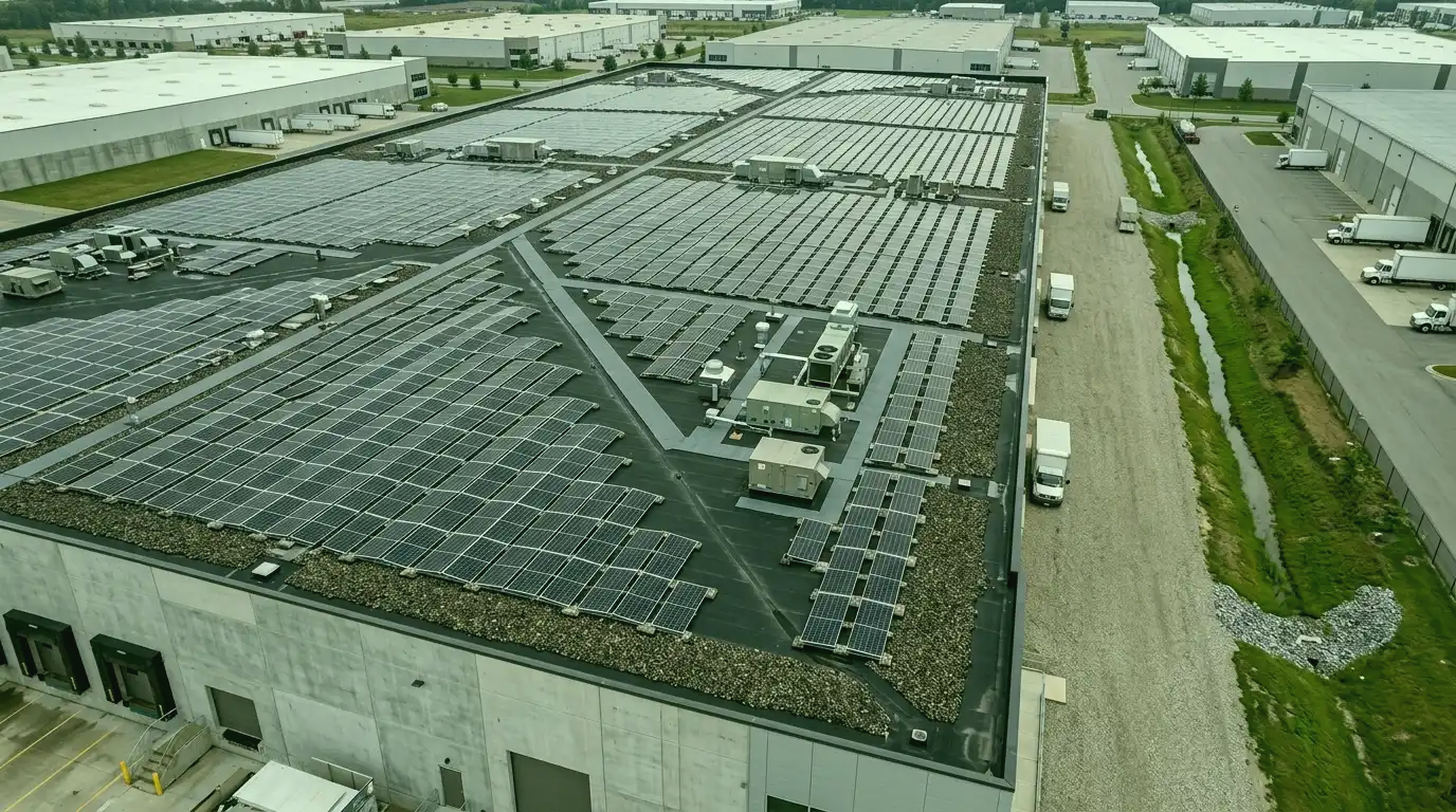 Commercial solar layout around roof drains and service routes