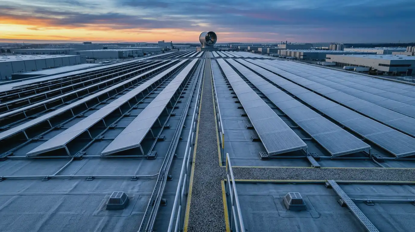 Commercial rooftop solar with clear maintenance aisle
